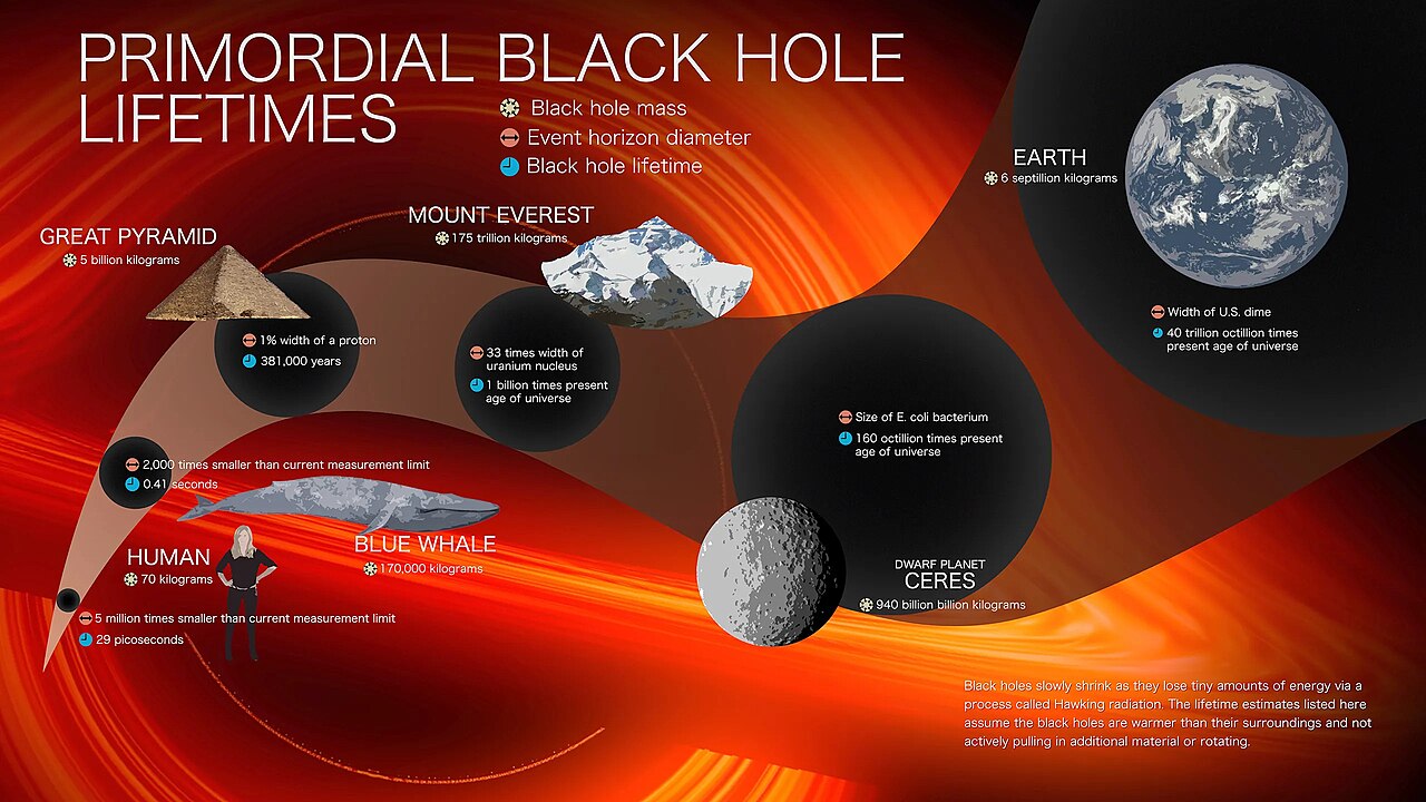 Infografik berlatar merah: beberapa bulatan hitam mewakili lubang hitam kecil, disaizkan bersama Piramid Besar, Gunung Everest, seorang manusia, paus biru dan planet kerdil Ceres, dengan label jisim, diameter ufuk peristiwa dan jangka hayat dalam bahasa Inggeris, serta nota di bawah tentang lubang hitam yang mengecut melalui sinaran Hawking